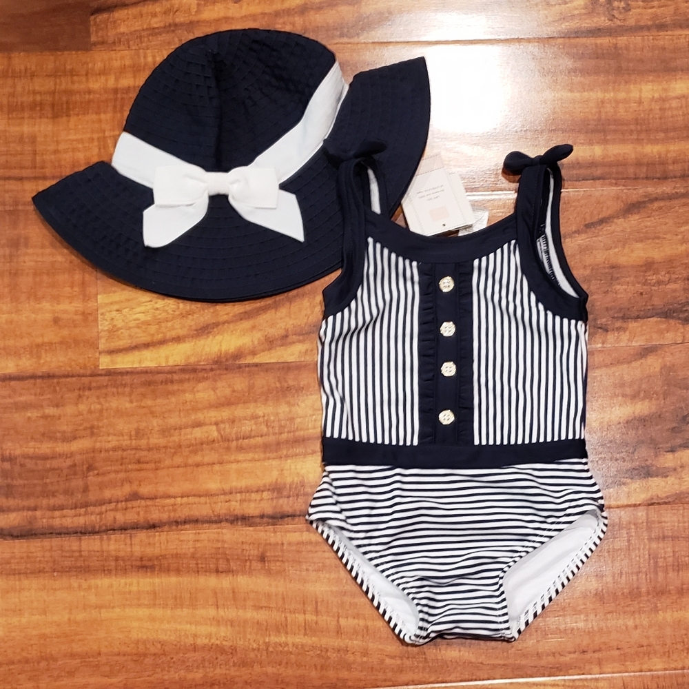 Janie and Jack NWT 18-24 months navy striped one-piece swimsuit and bow sunhat